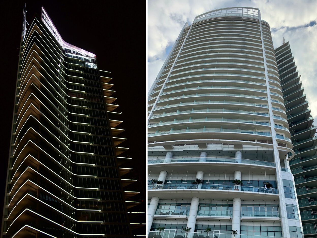 A building in Beirut during the day and night.